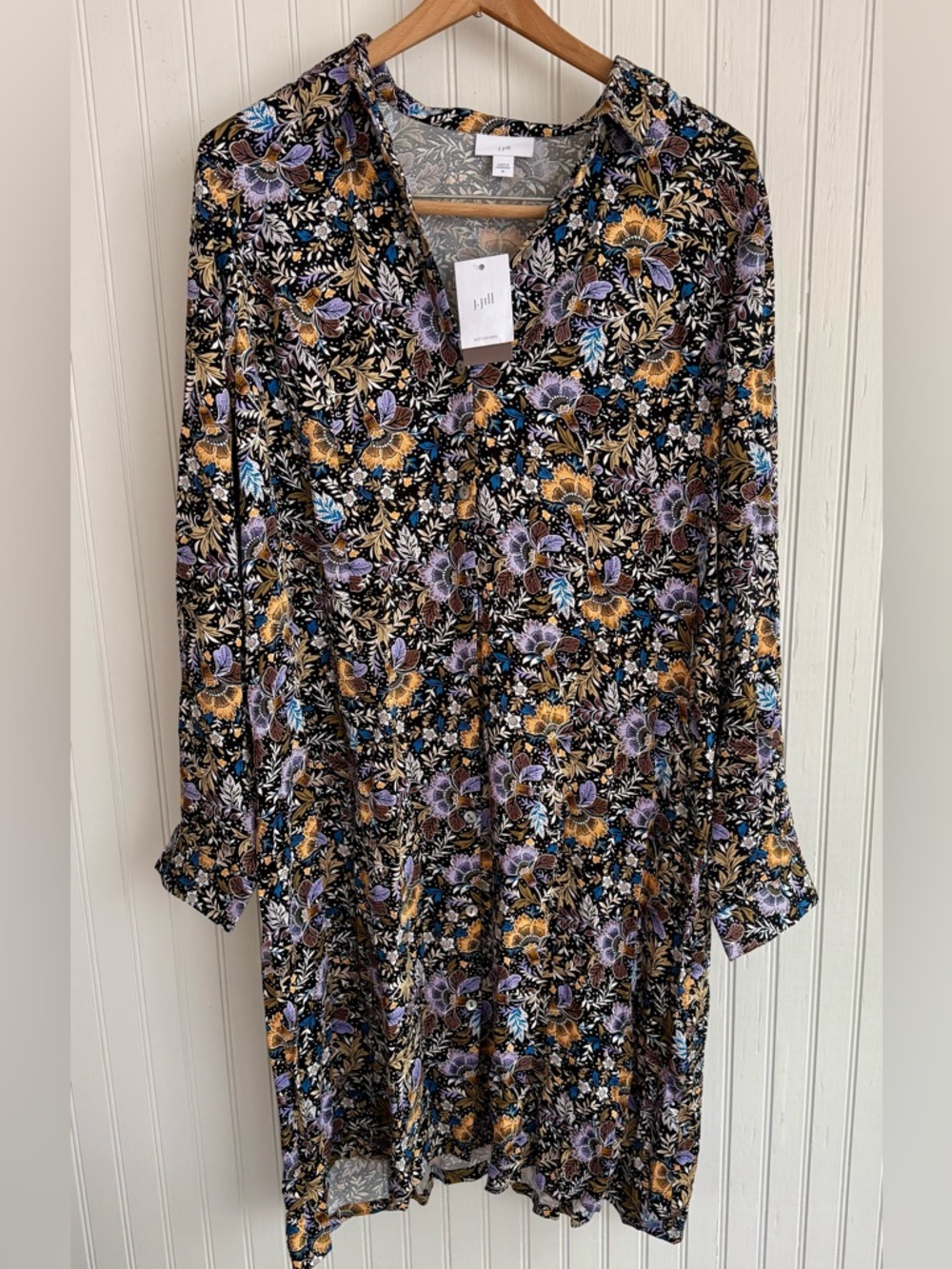 J. Jill Black Floral Tunic Dress size M with Purple and Mustard Flowers